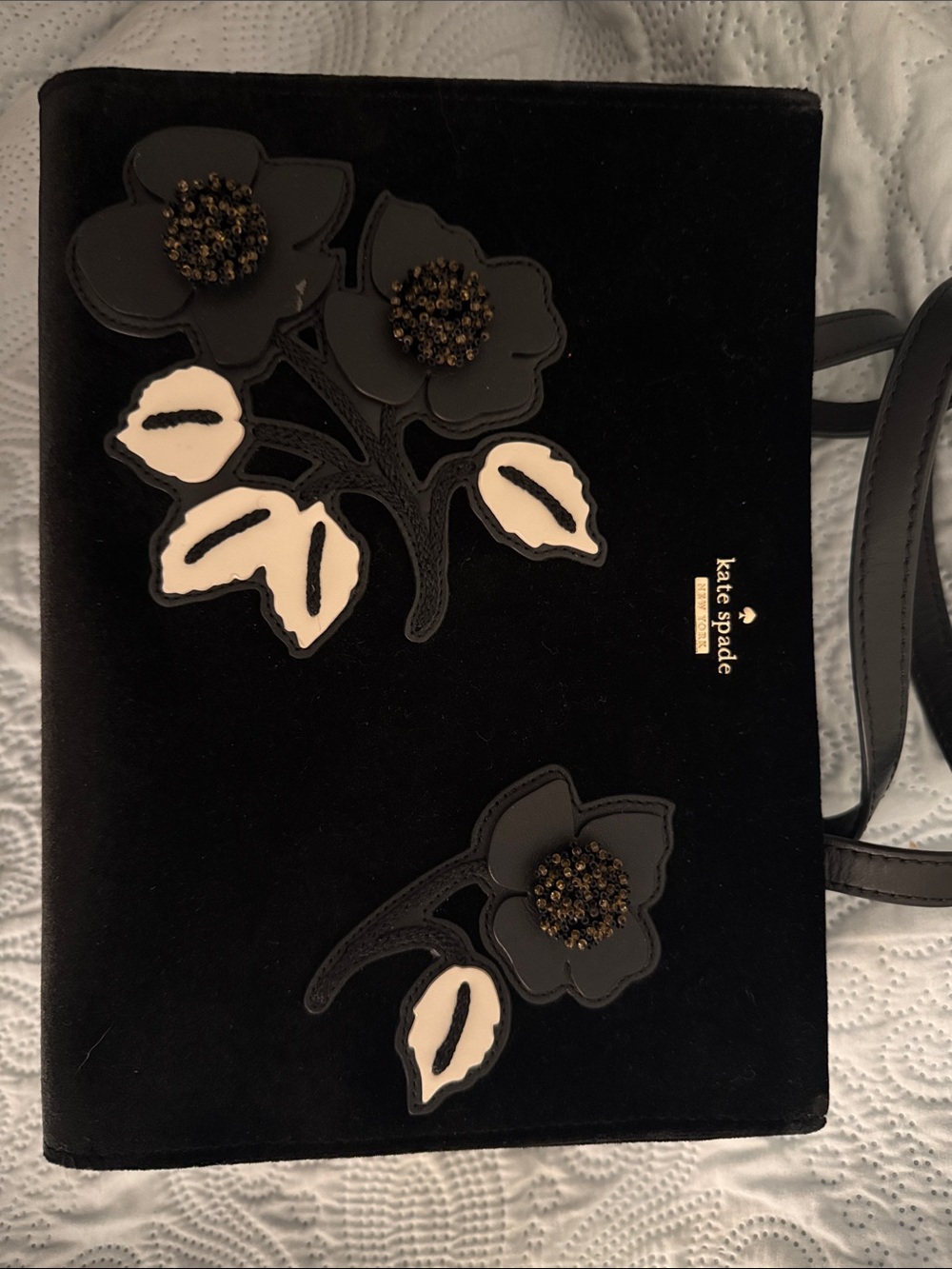 kate spade Black Velvet Floral Appliqué Tote with Cream Leaf Accents